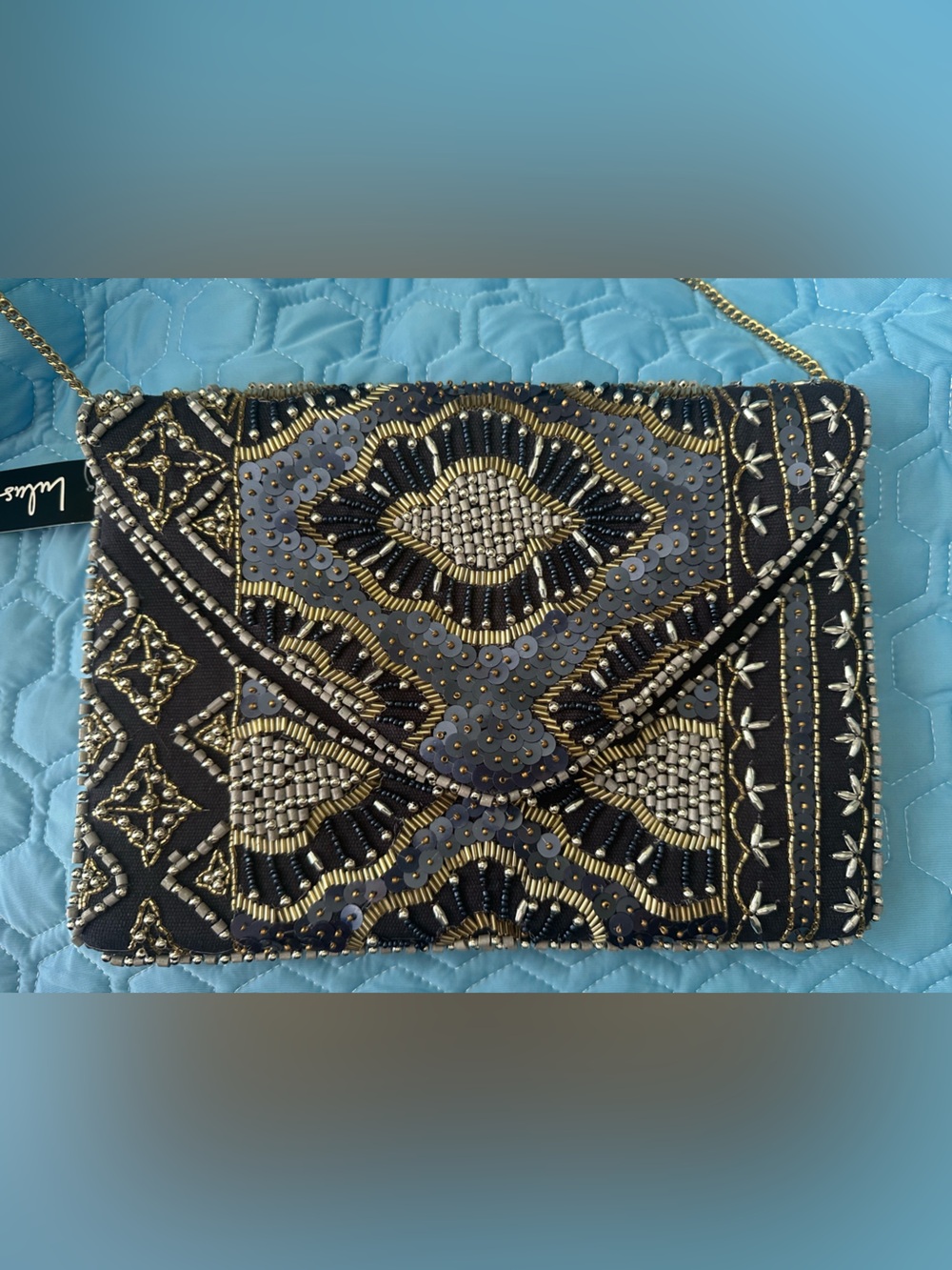 🖤 Lulus Beaded Envelope Clutch Crossbody Navy Gold Sequin Evening Bag NWT